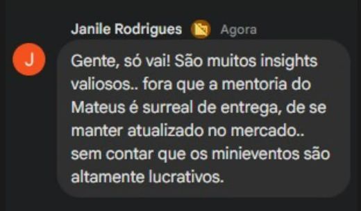 Comentário de Janile Rodrigues recomendando o evento e dizendo que os mini eventos são altamente lucrativos