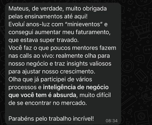 Mensagem de mentorada agradecendo: evoluiu com os mini eventos e aumentou o faturamento, que estava travado