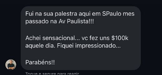 Mensagem de participante que assistiu a uma palestra de Mateus na Avenida Paulista, em São Paulo