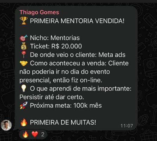 Relato no WhatsApp: primeira mentoria vendida, ticket de R$20.000, cliente vindo do Meta Ads, venda feita on-line