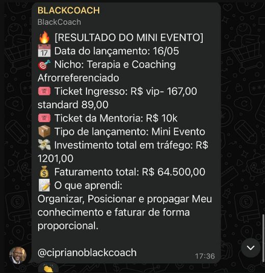Relato no WhatsApp: Mini Evento de terapia e coaching, mentoria de R$10 mil, R$1.201 investidos em tráfego e R$64.500 de faturamento