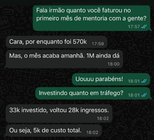 Conversa no WhatsApp: mentorado relata R$570 mil no primeiro mês de mentoria, com R$33 mil em tráfego e R$28 mil de volta em ingressos