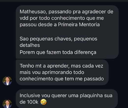 Mensagem de mentorado agradecendo pelo conhecimento desde a primeira mentoria